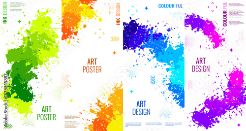 Set of abstract backgrounds. Colorful splashes of paint, ink on a white background. Place for text. Design of covers, flyers, brochures. Vector illustrations.