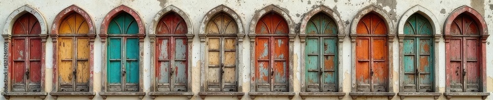 Collection of weathered arched wooden windows Diverse shapes & patina , antique, chic Collection of weathered arched wooden windows Diverse shapes & patina , antique, chic