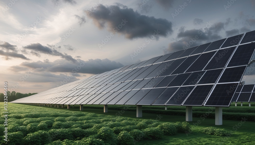 A vast solar farm with rows of photovoltaic panels glimmering under a dramatic sky, emphasizing sustainable energy. A vast solar farm with rows of photovoltaic panels glimmering under a dramatic sky, emphasizing sustainable energy.