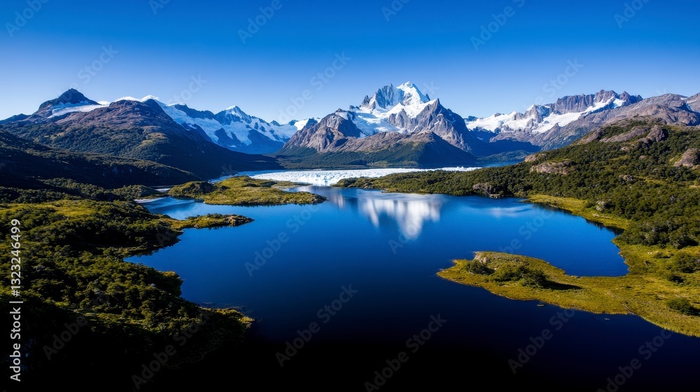 Naklejka premium Aerial View of Dramatic Patagonia Landscapes with Glaciers and Lakes