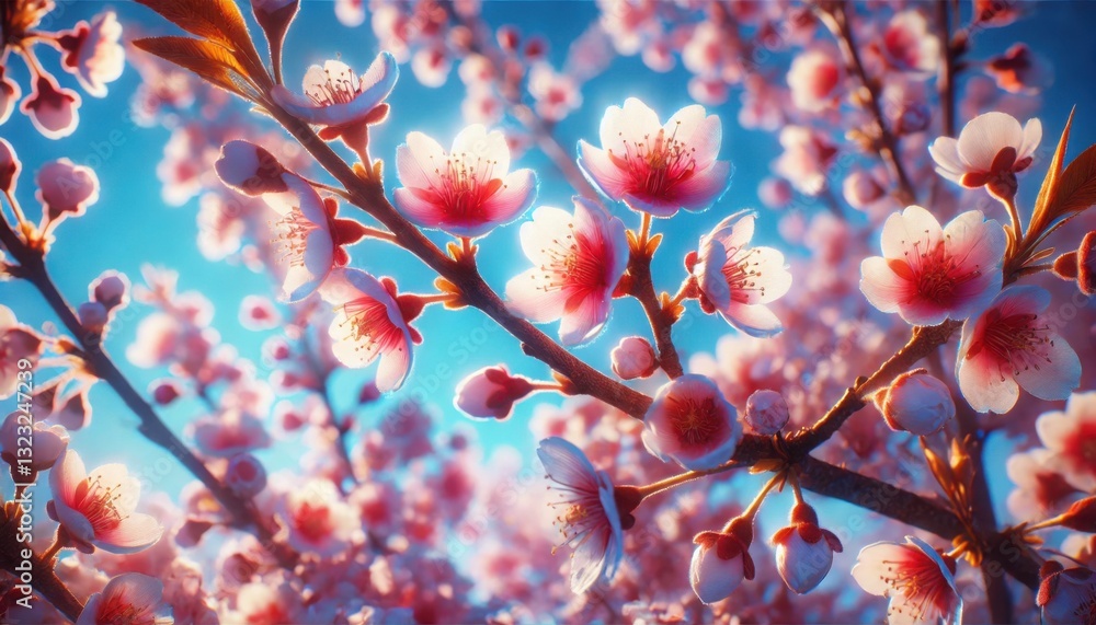 Cherry blossoms in peak bloom with soft pink petals glowing under warm sunlight, capturing the delicate beauty of spring renewal

