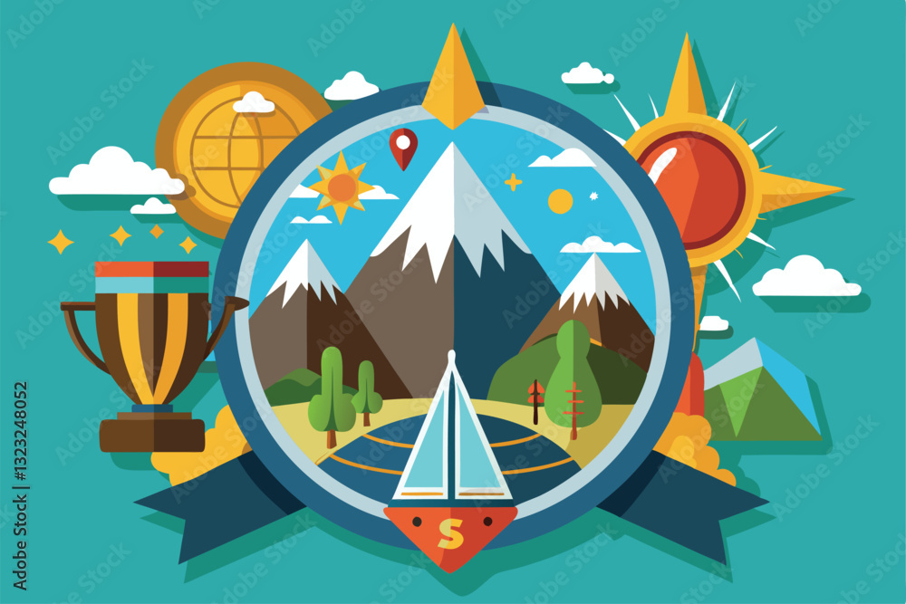 The spirit of exploration with mountains, sun, and a trophy for great journeys ahead, Symbol of great adventures and travels, The spirit of exploration with mountains, sun, and a trophy for great journeys ahead, Symbol of great adventures and travels,