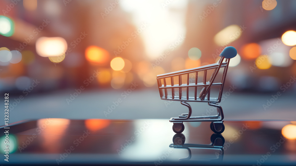 Miniature shopping cart on reflective surface with blurred city lights in the background Miniature shopping cart on reflective surface with blurred city lights in the background