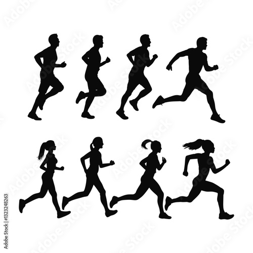 Black silhouettes of runners on white background. Black silhouettes of sport runners set