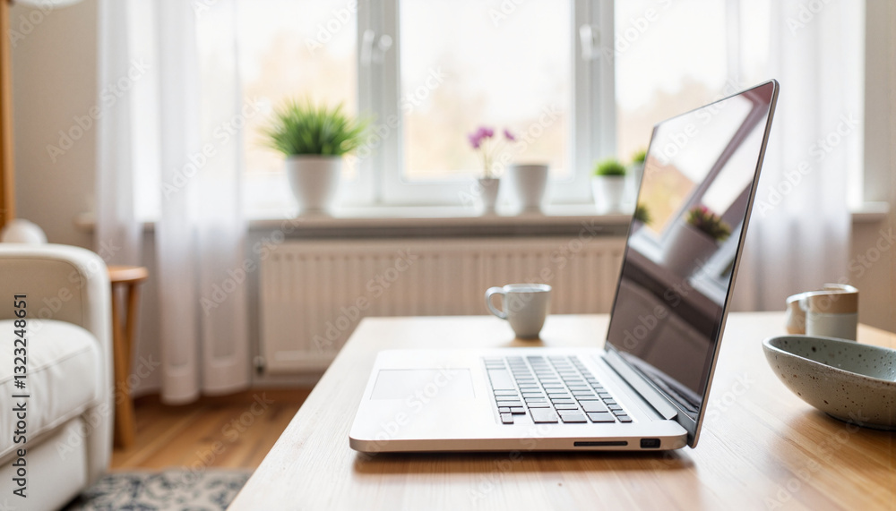 Minimalist silver laptop on Scandinavian coffee table, cozy workspace Minimalist silver laptop on Scandinavian coffee table, cozy workspace