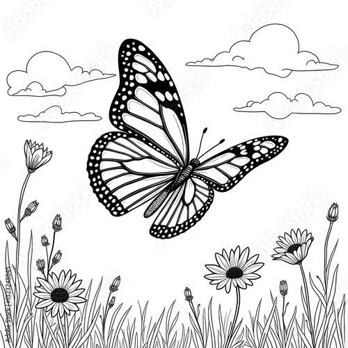 Wallpaper Mural Monarch butterfly flying in the sky, line art illustration Torontodigital.ca