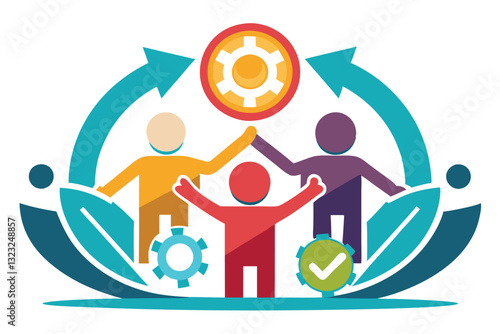Three colorful figures join hands to represent teamwork and collaboration in a supportive environment, Symbol of teamwork, cooperation, partnership,