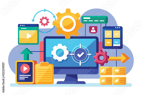 The illustration depicts a computer displaying sync and install activities with various icons and gears, Sync and install software