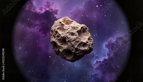 Close-up of a jagged asteroid against swirling nebula, cosmic exploration
