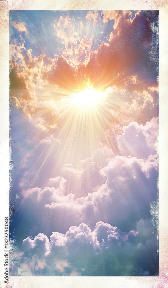 Fototapeta premium Beautiful oracle cards for production design. Bright sun shining through fluffy clouds