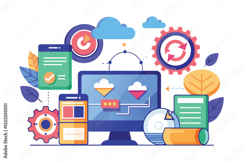 A vibrant graphic illustrating the synchronization of devices with cloud technology in a stylish workspace, Sync Customizable Semi Flat Illustration A vibrant graphic illustrating the synchronization of devices with cloud technology in a stylish workspace, Sync Customizable Semi Flat Illustration
