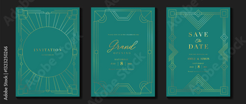 Luxury invitation card background vector. Elegant classic antique design, gold lines gradient on green background. Premium design illustration for gala card, grand opening, art deco.