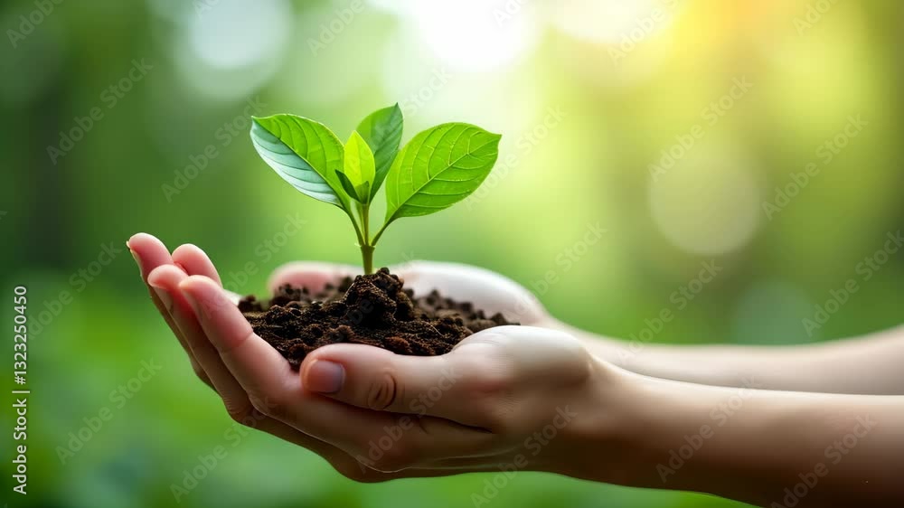 Hands nurturing a young plant in rich soil, showcasing dedication to environmental care and growth Hands nurturing a young plant in rich soil, showcasing dedication to environmental care and growth