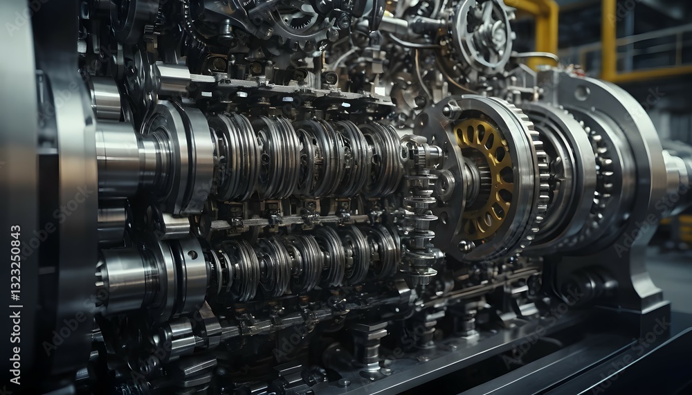 Fototapeta premium Complex Machine Engine Gearing and Mechanisms Detailed Industrial Close Up