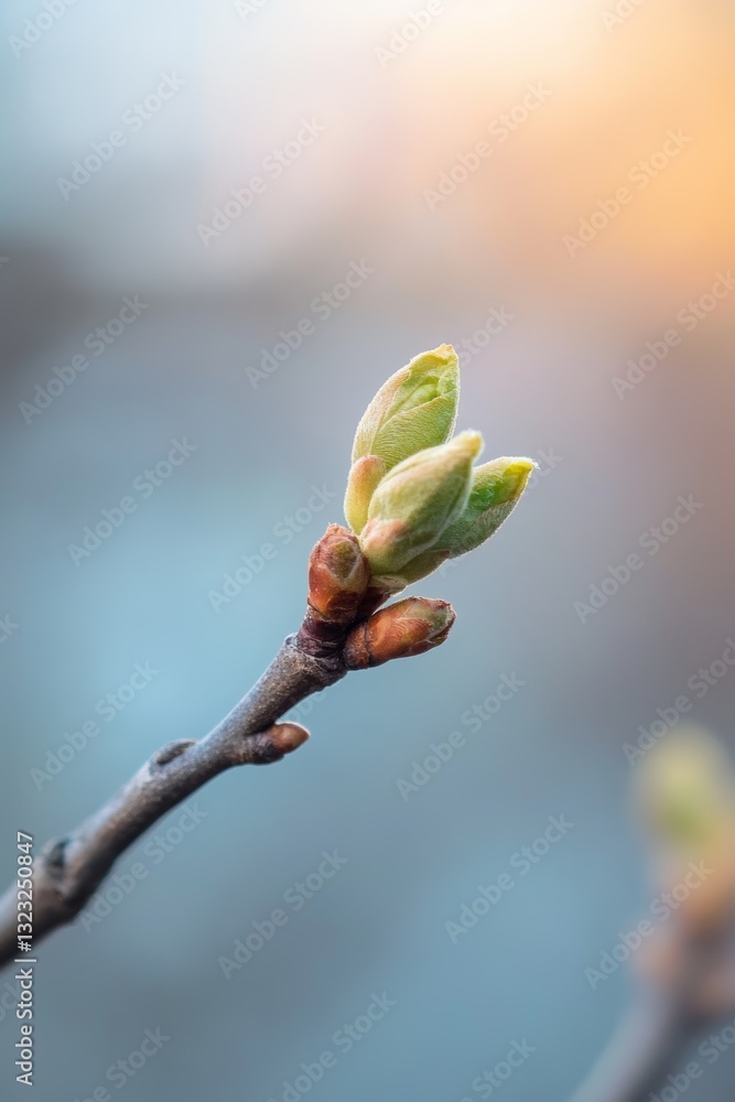 Close Up Detail Of Budding Tree Branch Against Blurry Natural Background Close Up Detail Of Budding Tree Branch Against Blurry Natural Background