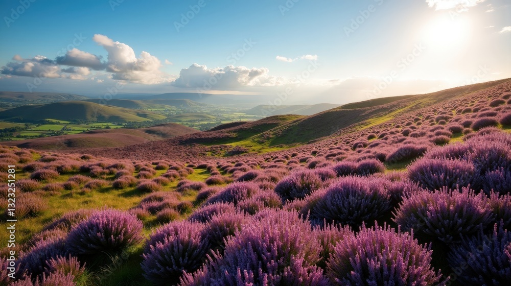 Obraz premium Rolling hills blanketed in blooming heather, purple and green blending under a bright summer sky, soft sunlight enhancing the beauty of the vast landscape.