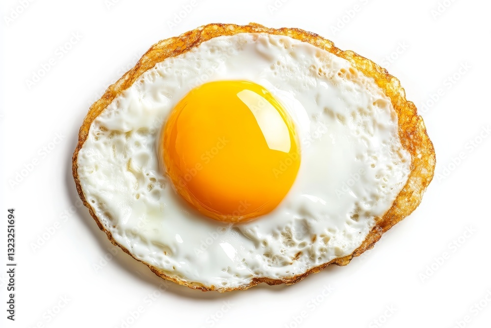 Close up of a fried egg isolated on a white background with clean lines and minimal composition Close up of a fried egg isolated on a white background with clean lines and minimal composition