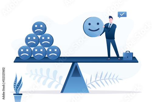 Optimism or positive thinking. Balancing happiness and sadness. Funny emojis and male character on scales. Businessman balancing between negative emotions and good mood.