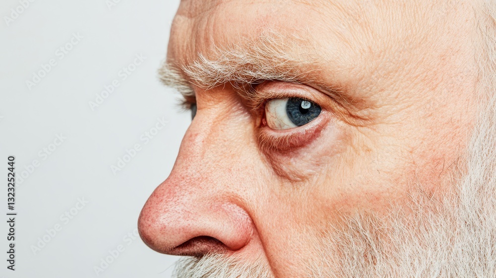 A closeup of an elderly man with a beard and wrinkles facing to the side. A closeup of an elderly man with a beard and wrinkles facing to the side.