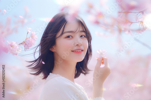 桜と女性