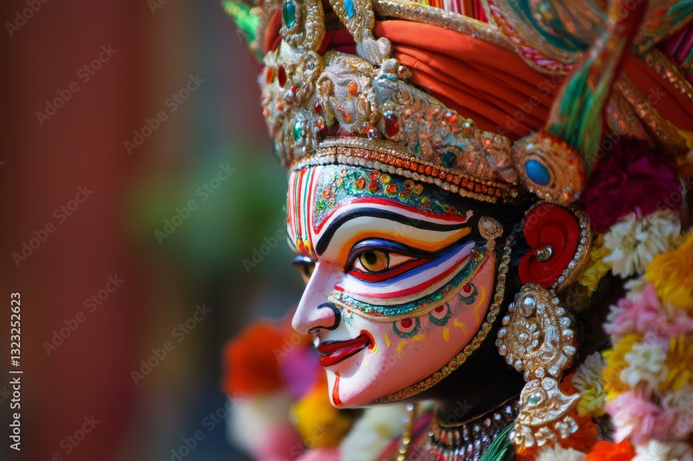 Fototapeta premium Close up of a chhau dancer wearing vibrant makeup and traditional costume, celebrating the Navratri festival with artistic expression