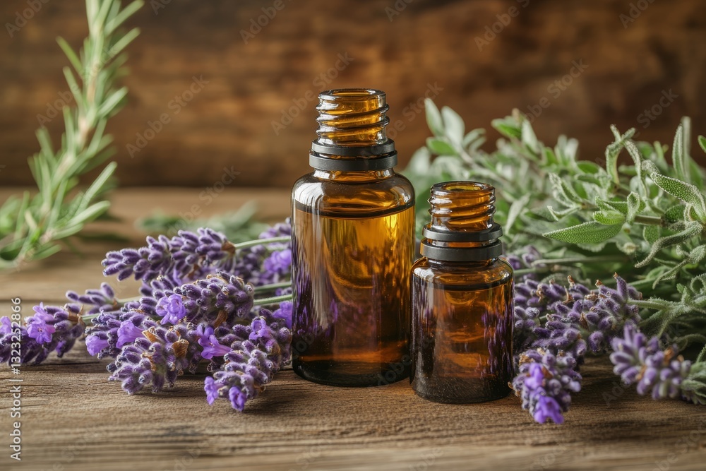 Essential Oil Bottles with Fresh Lavender Flowers on Rustic Wooden Background Close Up Detail Essential Oil Bottles with Fresh Lavender Flowers on Rustic Wooden Background Close Up Detail