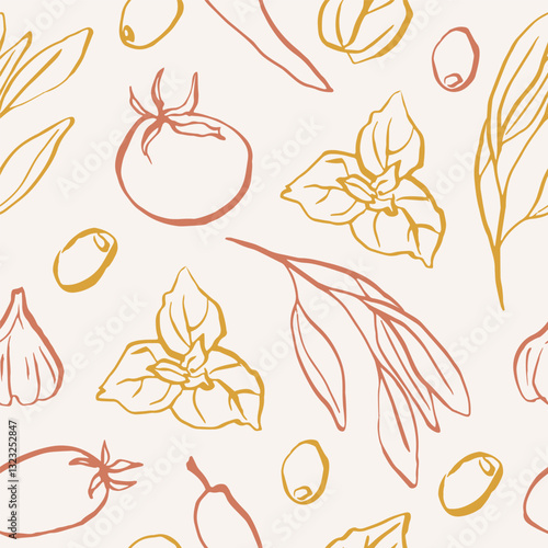 Hand drawn food ingredients seamless pattern