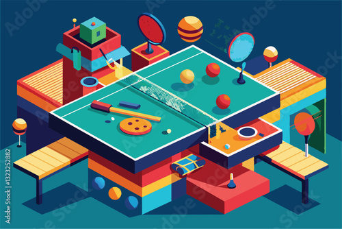 The scene features a colorful table tennis setup with unique shapes and fun distractions for engaging play, Table tennis Customizable Disproportionate Illustration