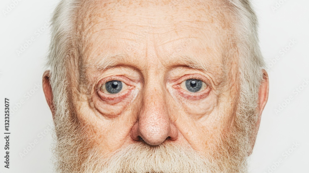 A closeup side view of an elderly man with a beard and deep set blue eyes. A closeup side view of an elderly man with a beard and deep set blue eyes.