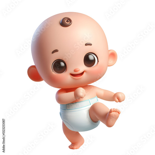 Cute baby character wearing diaper standing on one leg 3d with smiling face isolated on white background