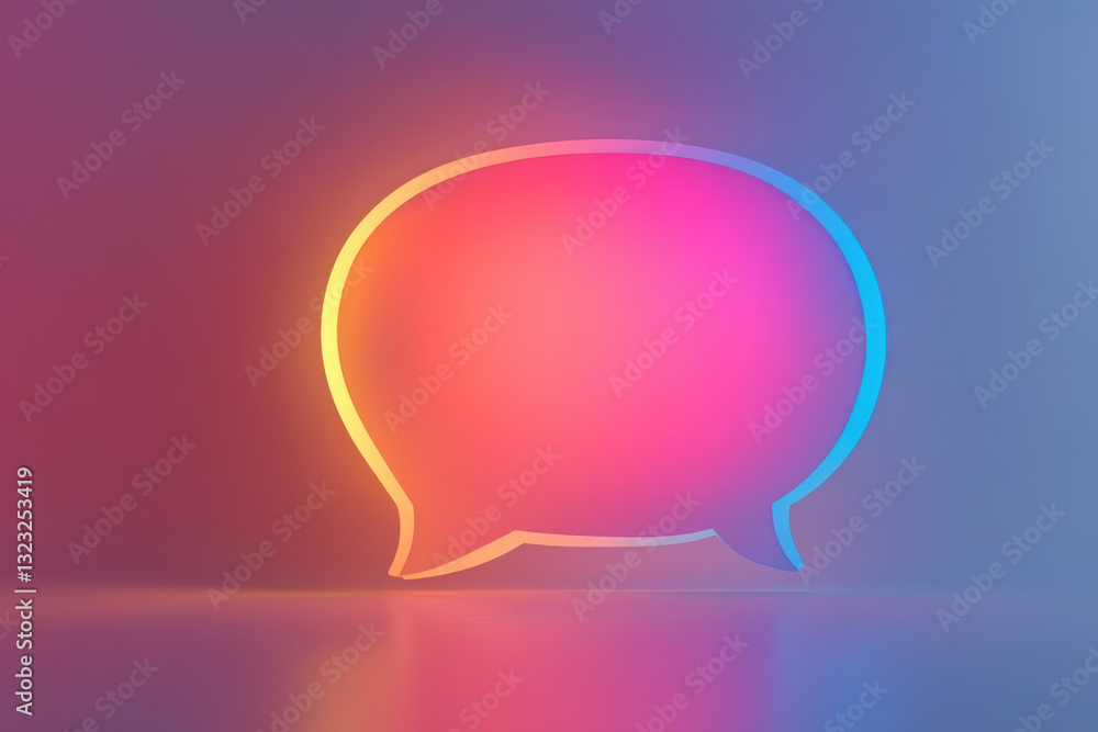 Neon-style speech bubble with vibrant color gradient on reflective surface, symbolizing communication and creative ideas. Neon-style speech bubble with vibrant color gradient on reflective surface, symbolizing communication and creative ideas.