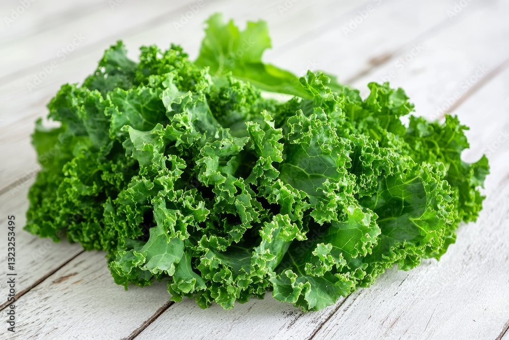Fresh Kale Leaves Close Up Detail on Bright White Wooden Background Fresh Kale Leaves Close Up Detail on Bright White Wooden Background