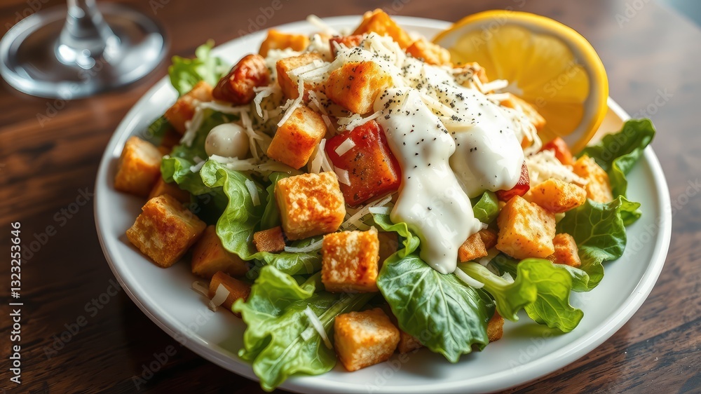 Salad with chicken and vegetables, Delicious Caesar Salad with Crispy Croutons and Creamy Dressing Salad with chicken and vegetables, Delicious Caesar Salad with Crispy Croutons and Creamy Dressing
