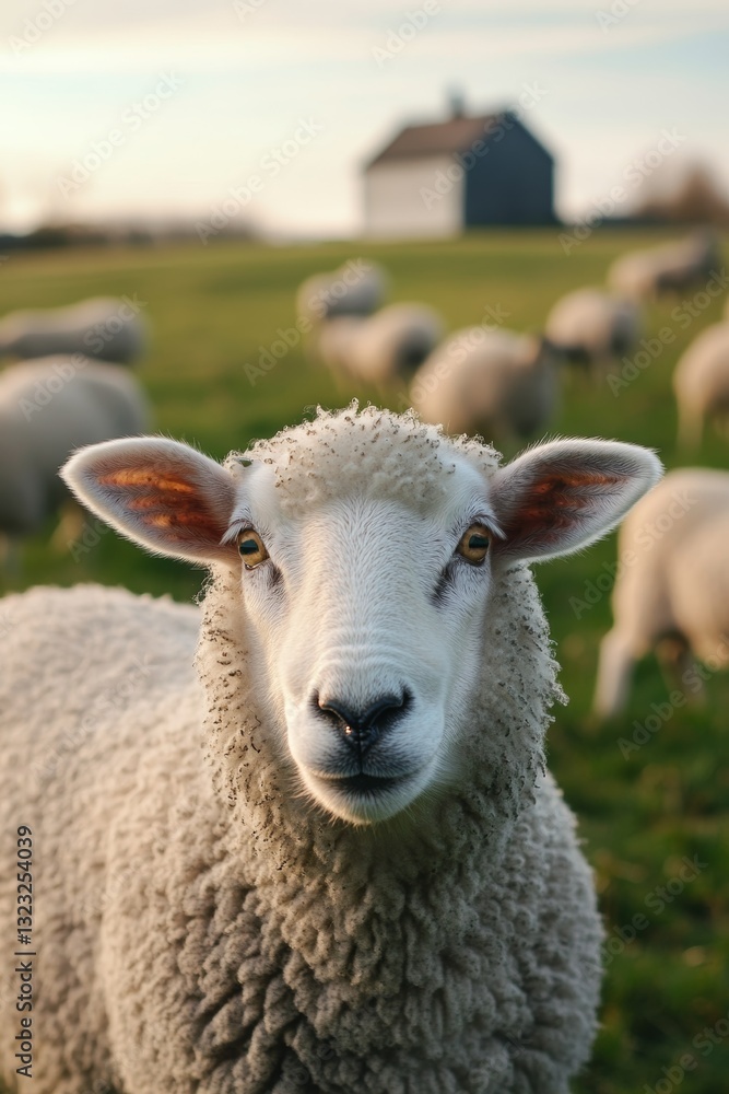 Fototapeta premium Sheep grazing on a green meadow with a farm in the background, close-up view