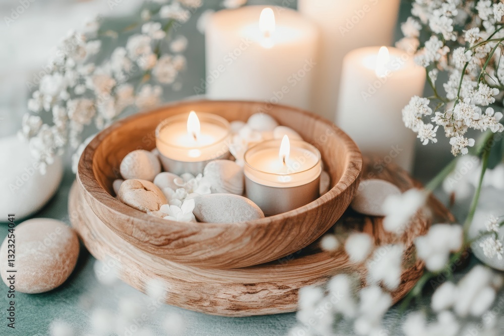 Serene Close Up of Wooden Bowl with Lit Candles and White Flowers on Stones for Wellness Concept Serene Close Up of Wooden Bowl with Lit Candles and White Flowers on Stones for Wellness Concept