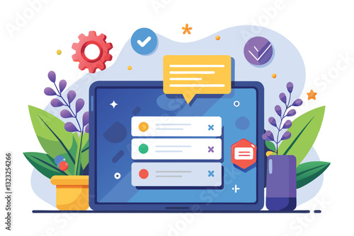 The tablet screen displays a customizable login layout with task notifications and decorative elements, Tablet login Customizable Disproportionate Illustration