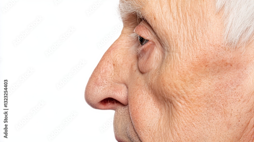 Fototapeta premium Elderly man with wrinkles, using the side for copy space.