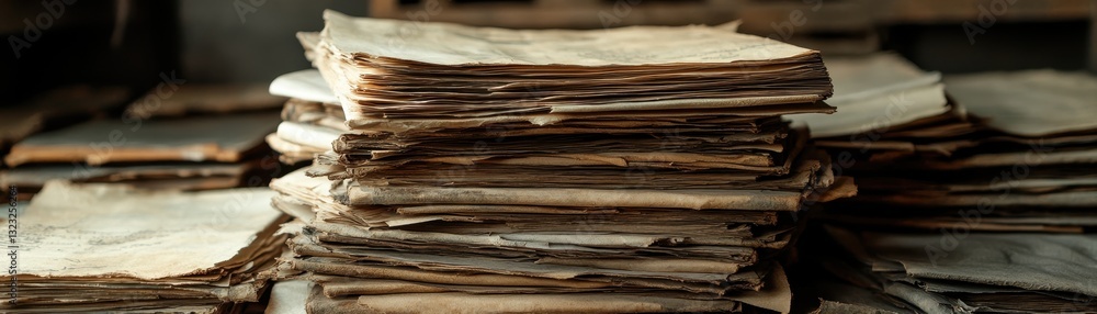 A disheveled stack of aged papers, yellowed and creased, rests atop a rustic wooden table. The table's grain is visible, adding warmth to the scene, with soft light illuminating the papers. A disheveled stack of aged papers, yellowed and creased, rests atop a rustic wooden table. The table's grain is visible, adding warmth to the scene, with soft light illuminating the papers.