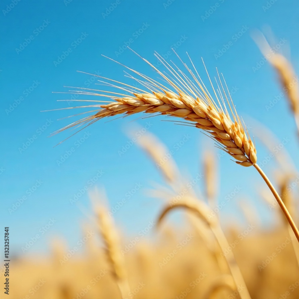 Close up of golden wheat spikelets against a blue sky backdrop, farming, plant Close up of golden wheat spikelets against a blue sky backdrop, farming, plant