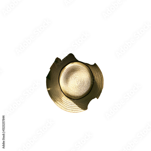 Straw hat nestled in vibrant green leaves , Natural, scenic, overhead view