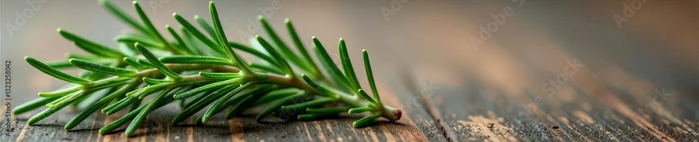 Obraz premium Close-up of fresh rosemary branch on rustic textured background, plant, herb
