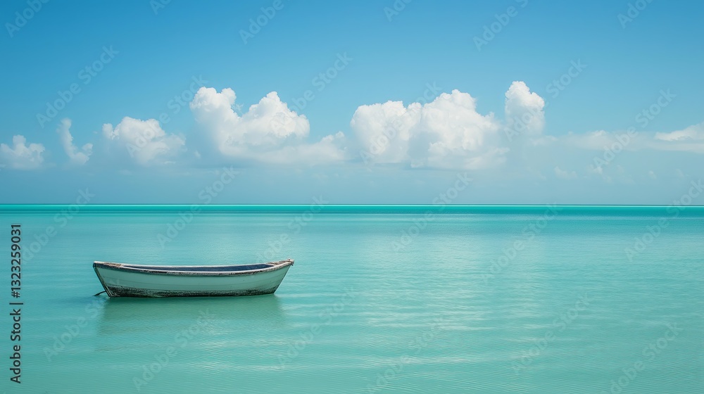 Naklejka premium A small boat gently drifting in an endless turquoise ocean