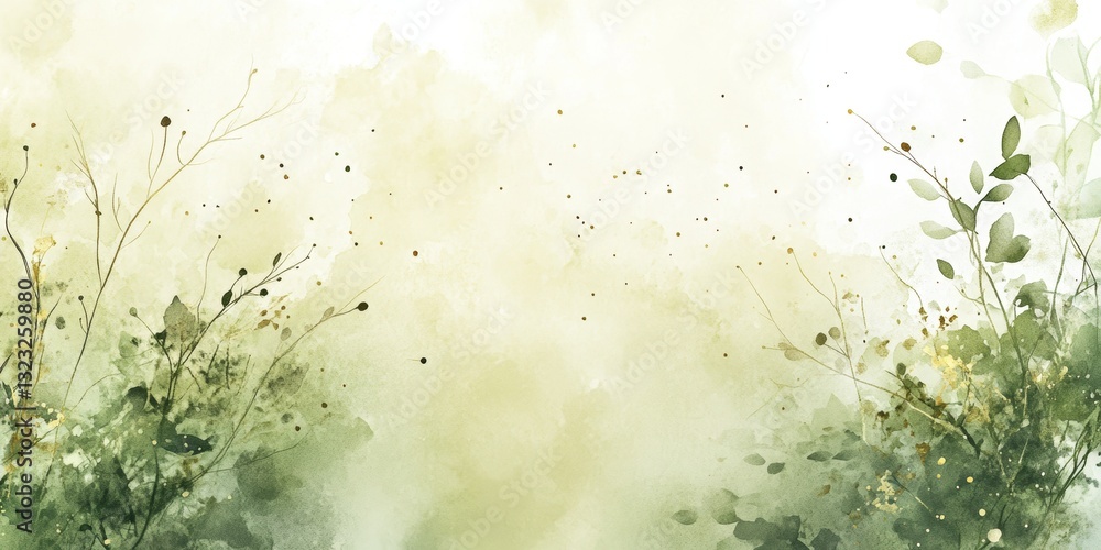 Watercolor Background with Plants Dots and Lines in Light Green Pastel Color with Golden Ink Splashes Watercolor Background with Plants Dots and Lines in Light Green Pastel Color with Golden Ink Splashes