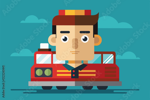 Customizable semi-flat illustration features a fireman character next to a detailed red fire truck, Taken Customizable Semi Flat Illustration