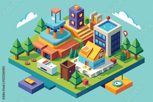 A lively neighborhood features unique buildings, trees, and recreational areas illustrating community life, Taken Customizable Isometric Illustration