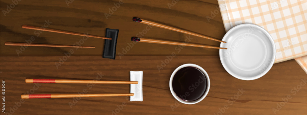 Fototapeta premium Realistic chopsticks, plate and soy sauce bowl, checkered tablecloth on wooden table - top view vector illustration. Traditional Asian tableware - oriental dining decor flatlay, restaurant menu design