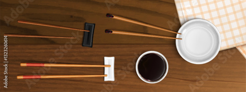 Realistic chopsticks, plate and soy sauce bowl, checkered tablecloth on wooden table - top view vector illustration. Traditional Asian tableware - oriental dining decor flatlay, restaurant menu design
