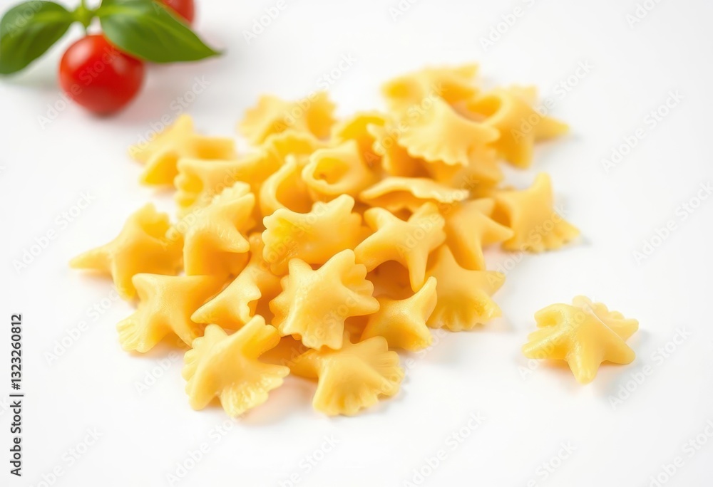 Close-up of cooked farfalle pasta on a white background, food, white background Close-up of cooked farfalle pasta on a white background, food, white background
