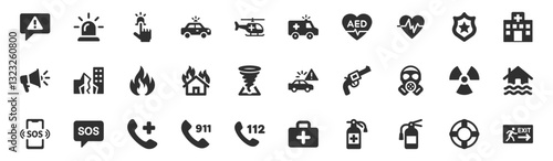Emergency and safety icon set. Vector glyph pictograms of ambulance, fire, police, SOS, evacuation, natural disaster response, medical aid, law enforcement, black silhouette illustration.