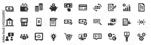 Finance, money icon set. Vector glyph pictograms of cash, wallet, credit card, piggy bank, bar chart, banking, transactions, financial management black silhouette illustration.